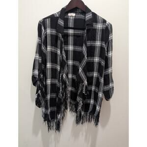 Sandy & Sid Shirt Plaid Open Front Kimono Cardigan Top Women's Size XL Fringe